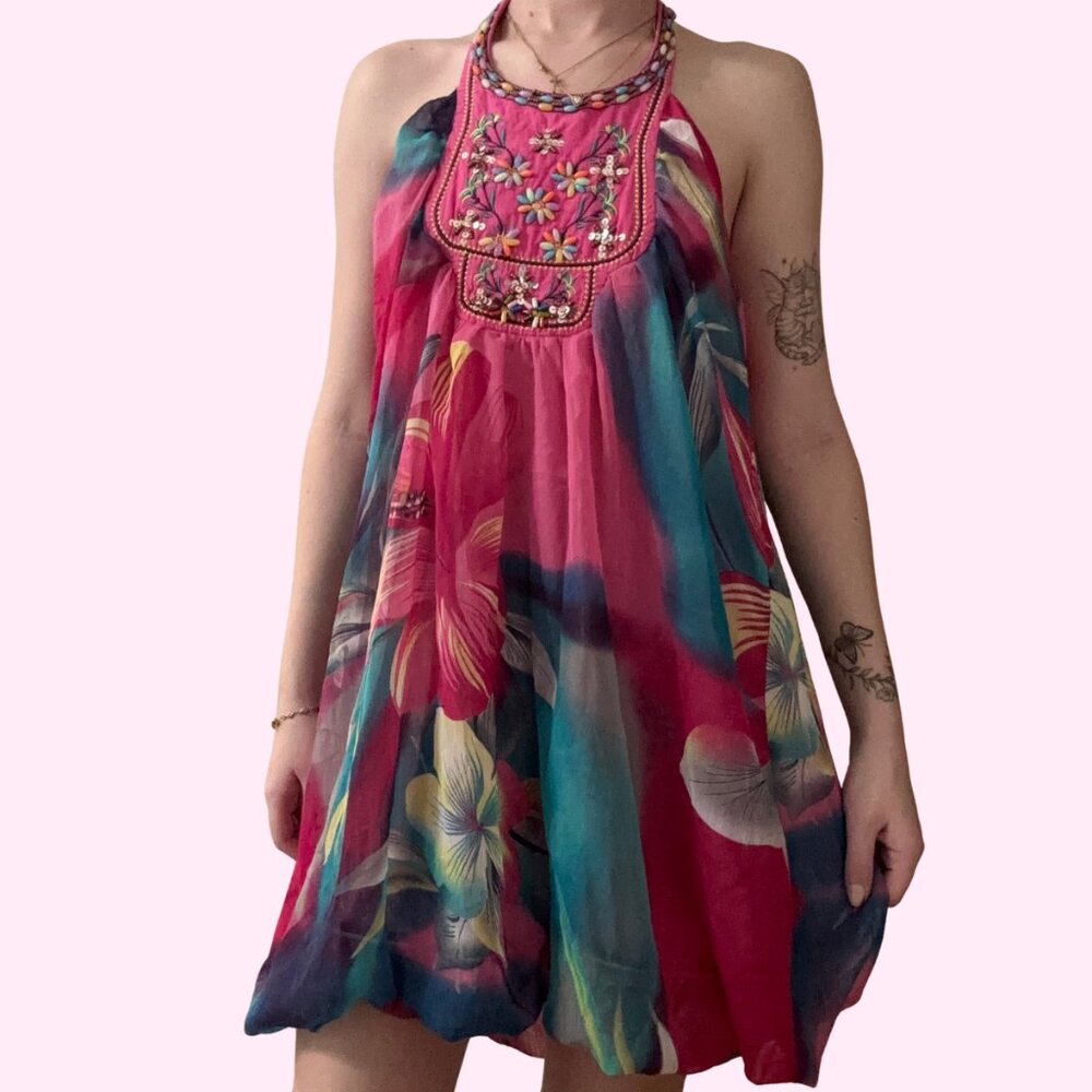 Vintage Liuce's Hawaiian Pink Floral Beaded Summer Halter Dress Size M